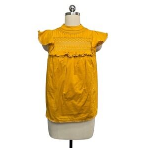 J. Crew Mustard Yellow Embroidered Lace Mock Neck Flutter Sleeve Top XXS